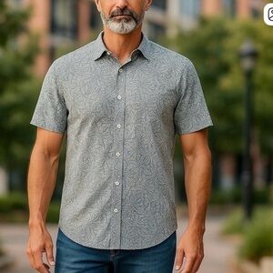 APT.9 Men's XL Blue/White Leaf Patterned Shirt Short Sleeved 100% Cotton Cool